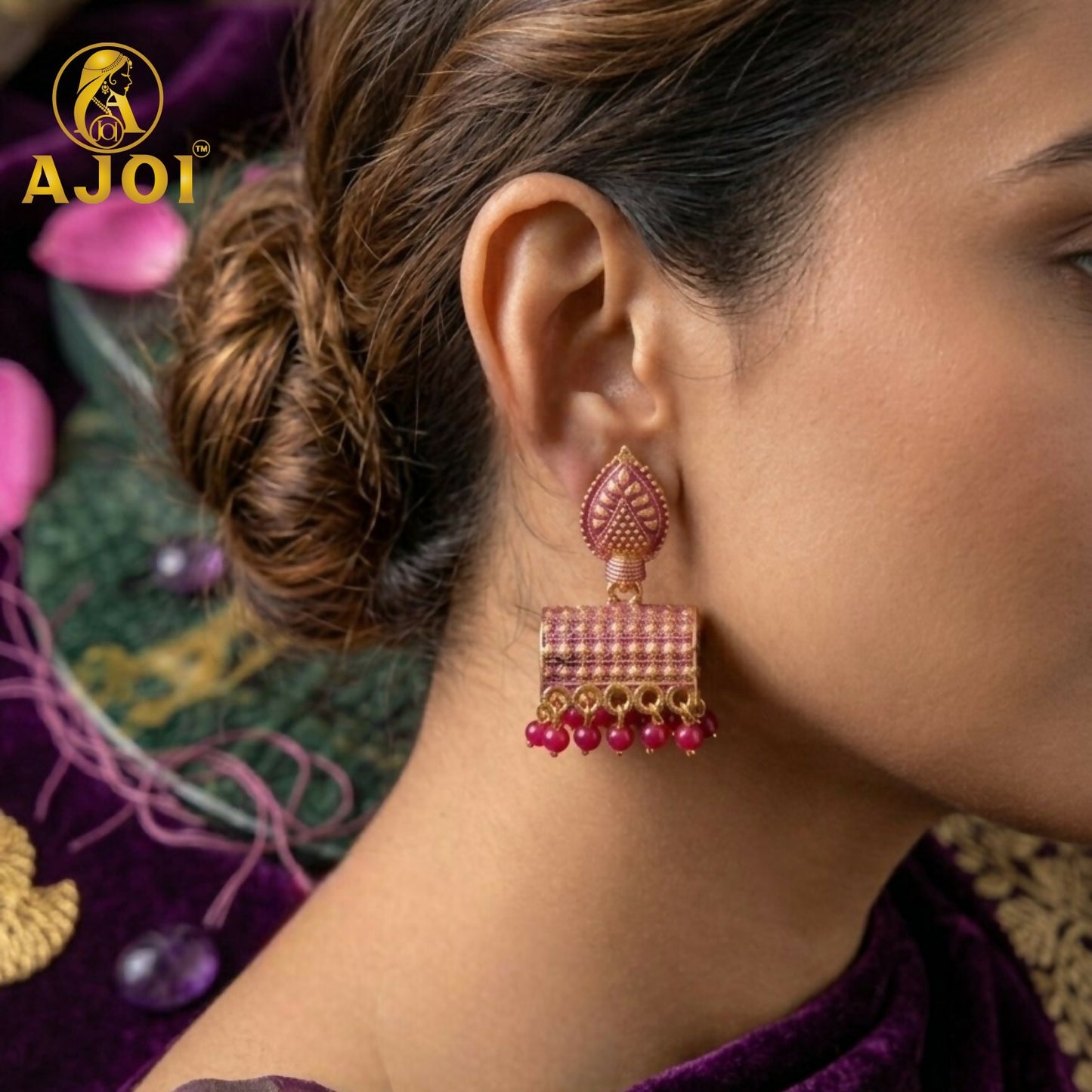 Antique Gold-Plated Leaf Design Jhumka Earrings with Pink Bead Drops