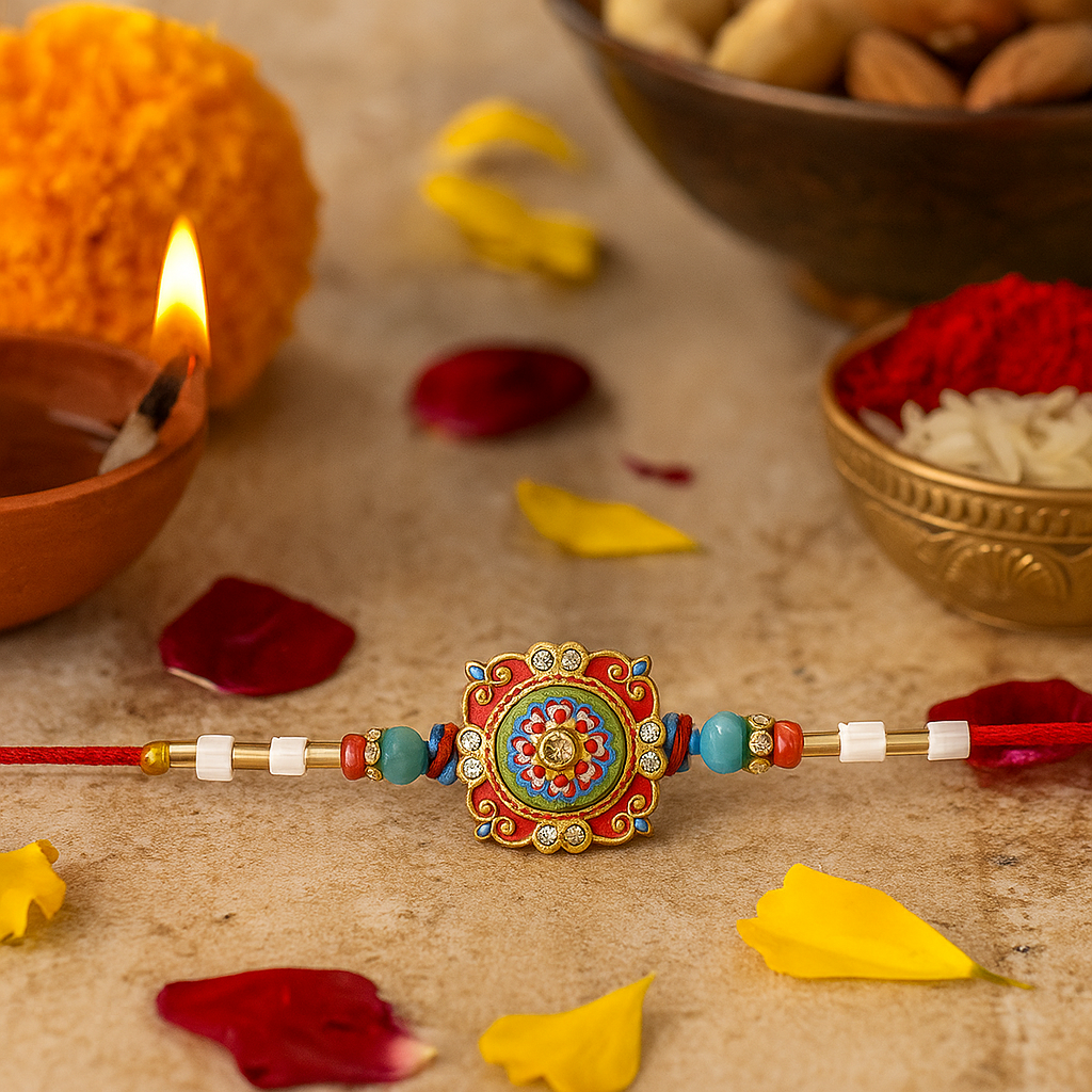 Close-up of Mandala Floral Rakhi showing detailed mandala floral design for Raksha Bandhan
