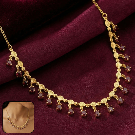 Gold plated leaf design necklace with red stone drops