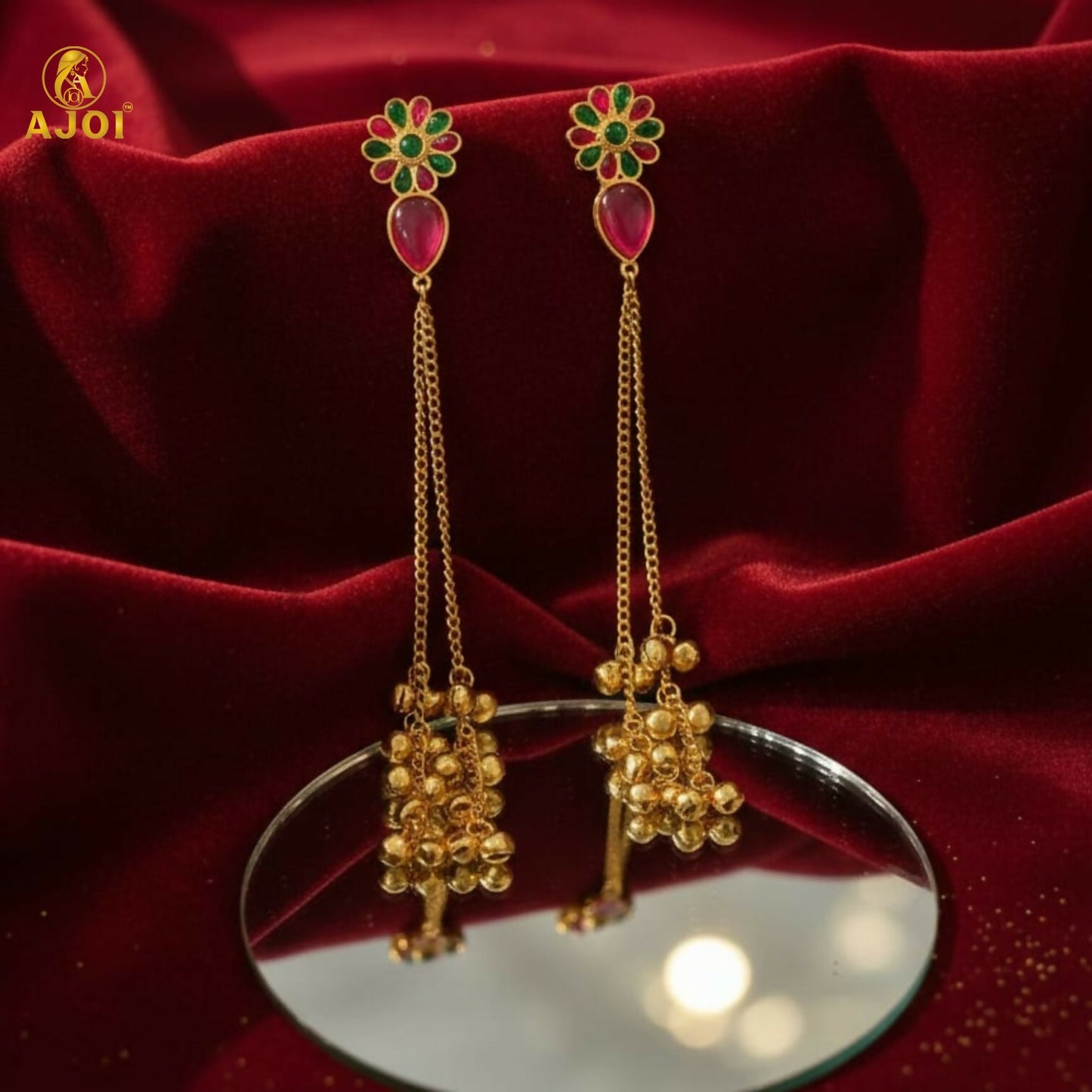 Kashmiri Gulbahar Gold Plated Long Chain Drop Earrings with Red & Green Stones