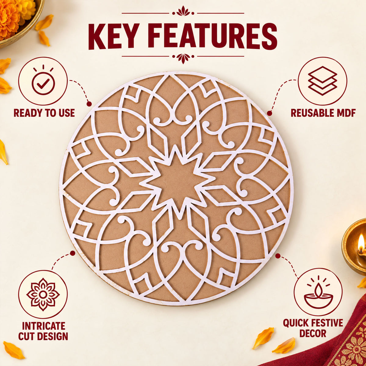 Designer Round Rangoli Stencil for Diwali, Navratri and Wedding Floor Decor