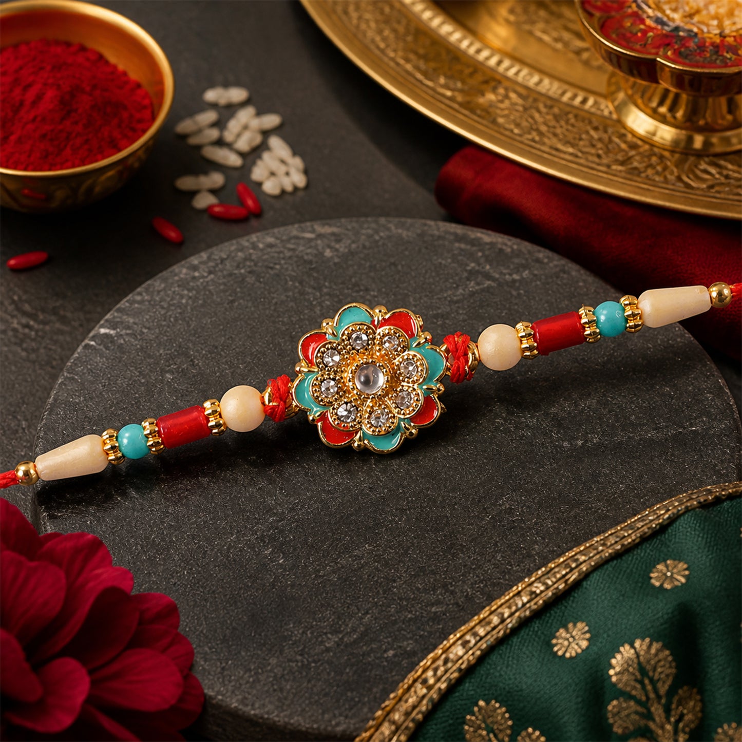 Festive Rakhi with Floral Rosette and crystal accents in bead line for Raksha Bandhan