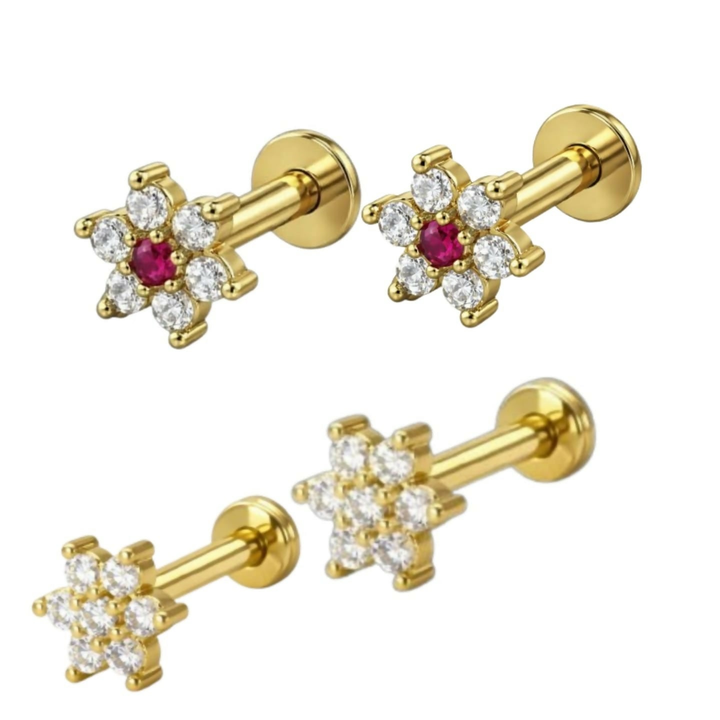 Gold plated flower stud earrings flat back design for comfortable 24/7 wear