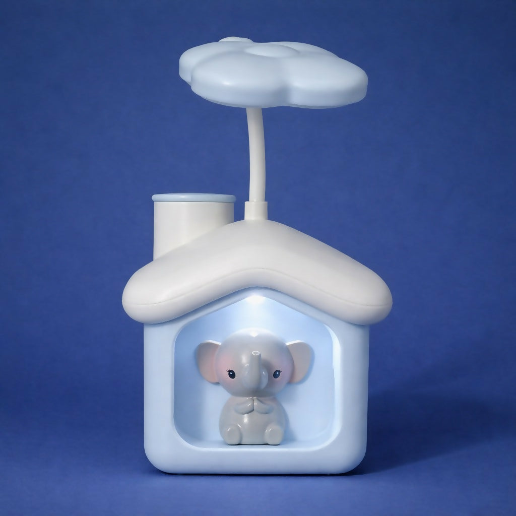 Side view of elephant piggy bank lamp with flexible neck