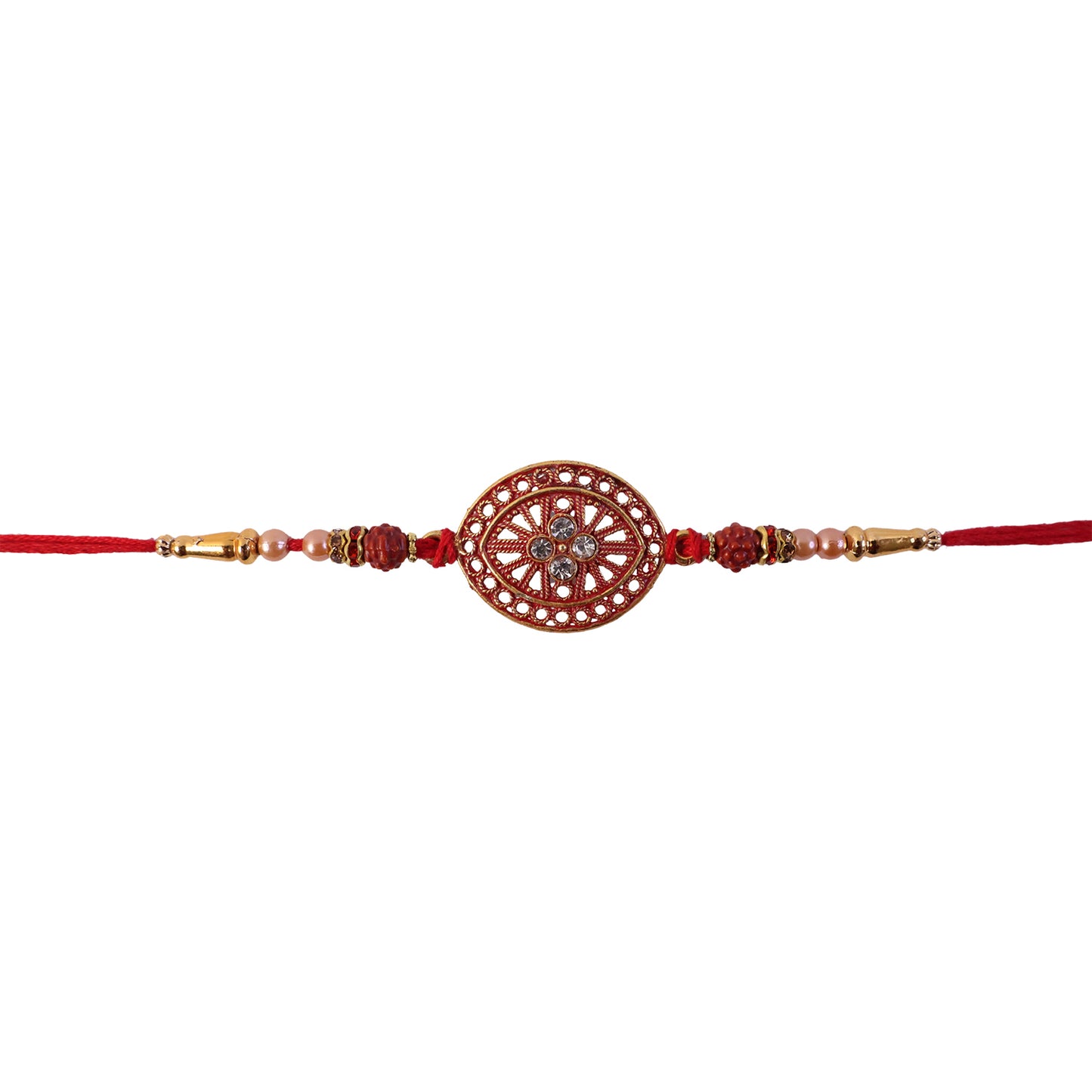 Round Red Chakra Rakhi with Golden Beads and Pearl Side Work
