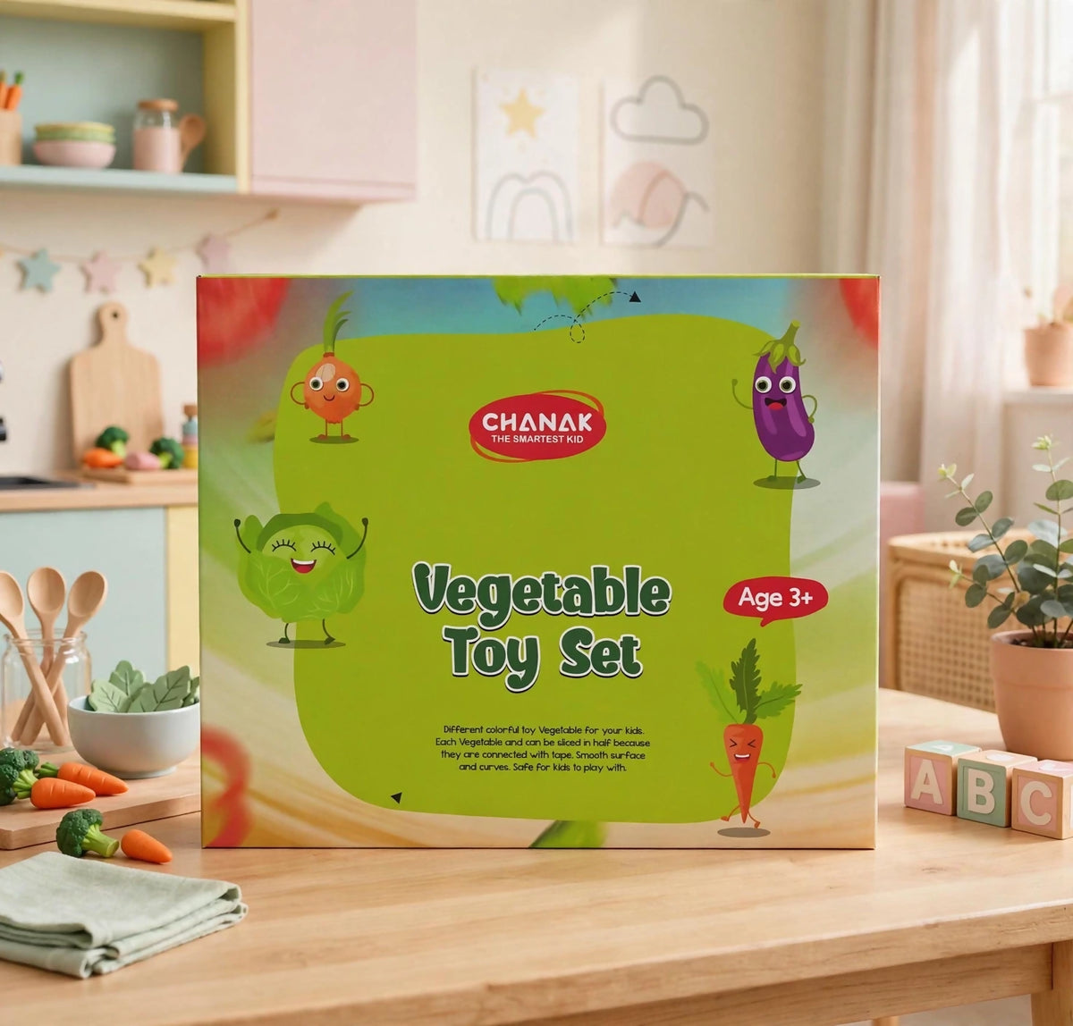 A green box with cartoon vegetables and text "Vegetable Toy Set" sits on a wooden table.