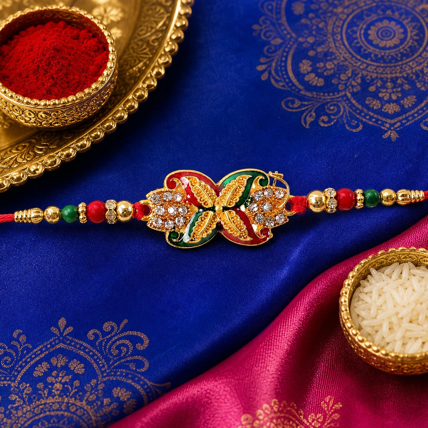 Bead Rakhi with Golden Flower Motif Elegant & Festive Sibling Gift (10pcs)