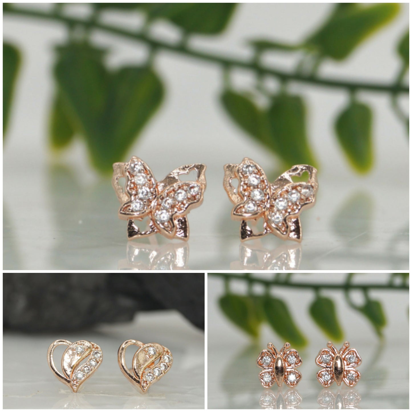 Rose Gold Plated AD Butterfly & Heart Stud Earrings Set for women and girls Combo Pack of 3