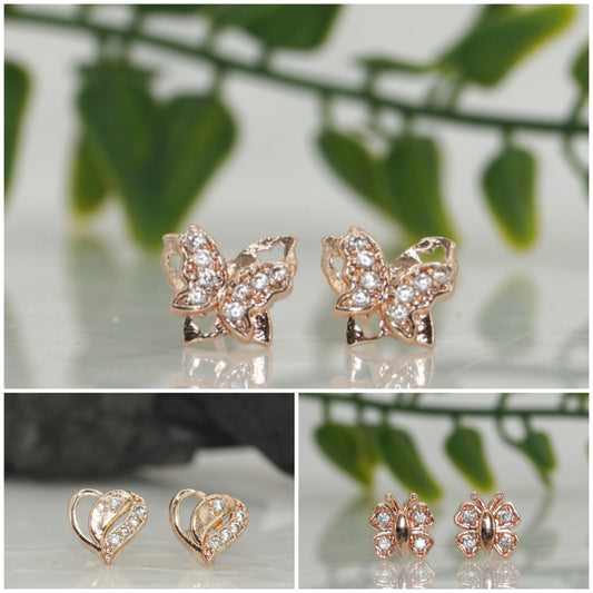 Rose Gold Plated AD Butterfly & Heart Stud Earrings Set for women and girls Combo Pack of 3
