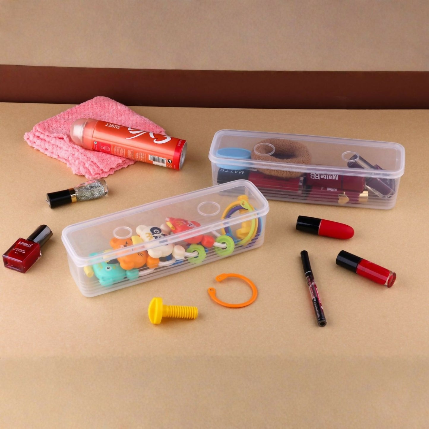 Containers filled with cosmetics and stationery for organization