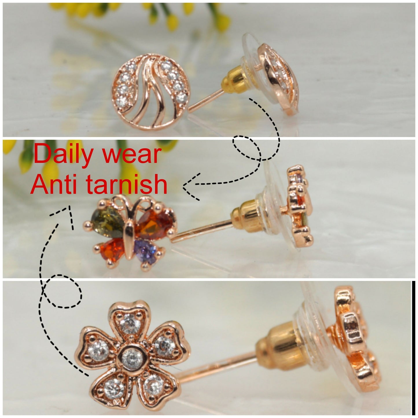 3-Pair Rose Gold Stud Earring Set - Flower, Swirl, Butterfly for women and girls Combo Pack of 3