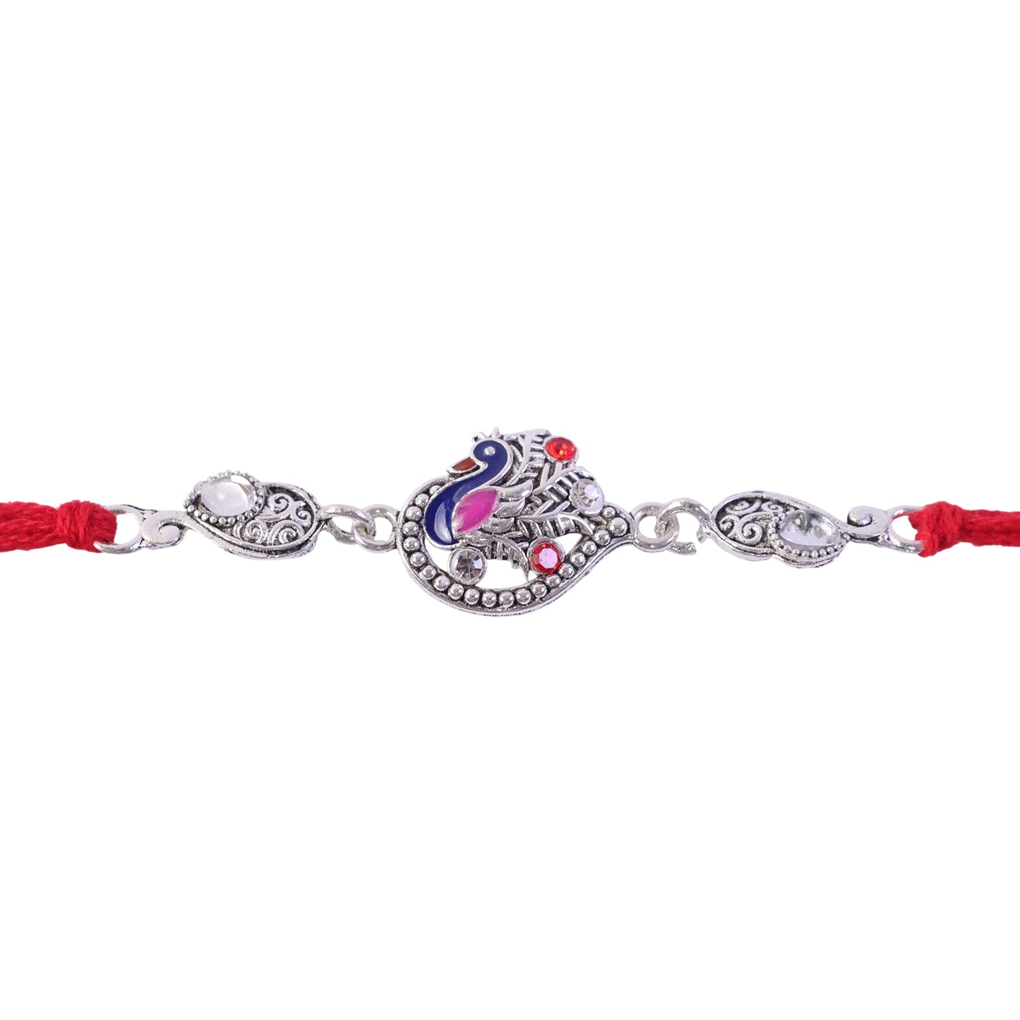 Silver-Toned Peacock Rakhi with Pink-Blue Enamel, Crystal Accents & Red Thread for Brother