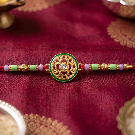 Traditional style Rakhi tying thread detail