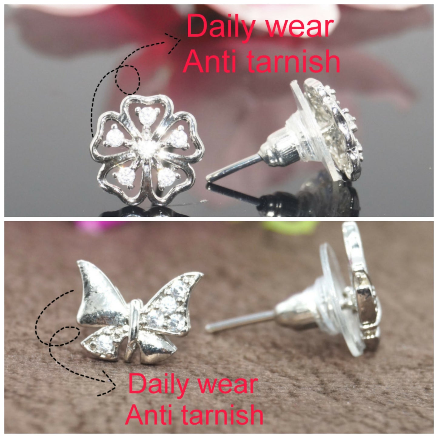 Close-up of silver-plated floral stud earring adorned with Cubic Zirconia stones