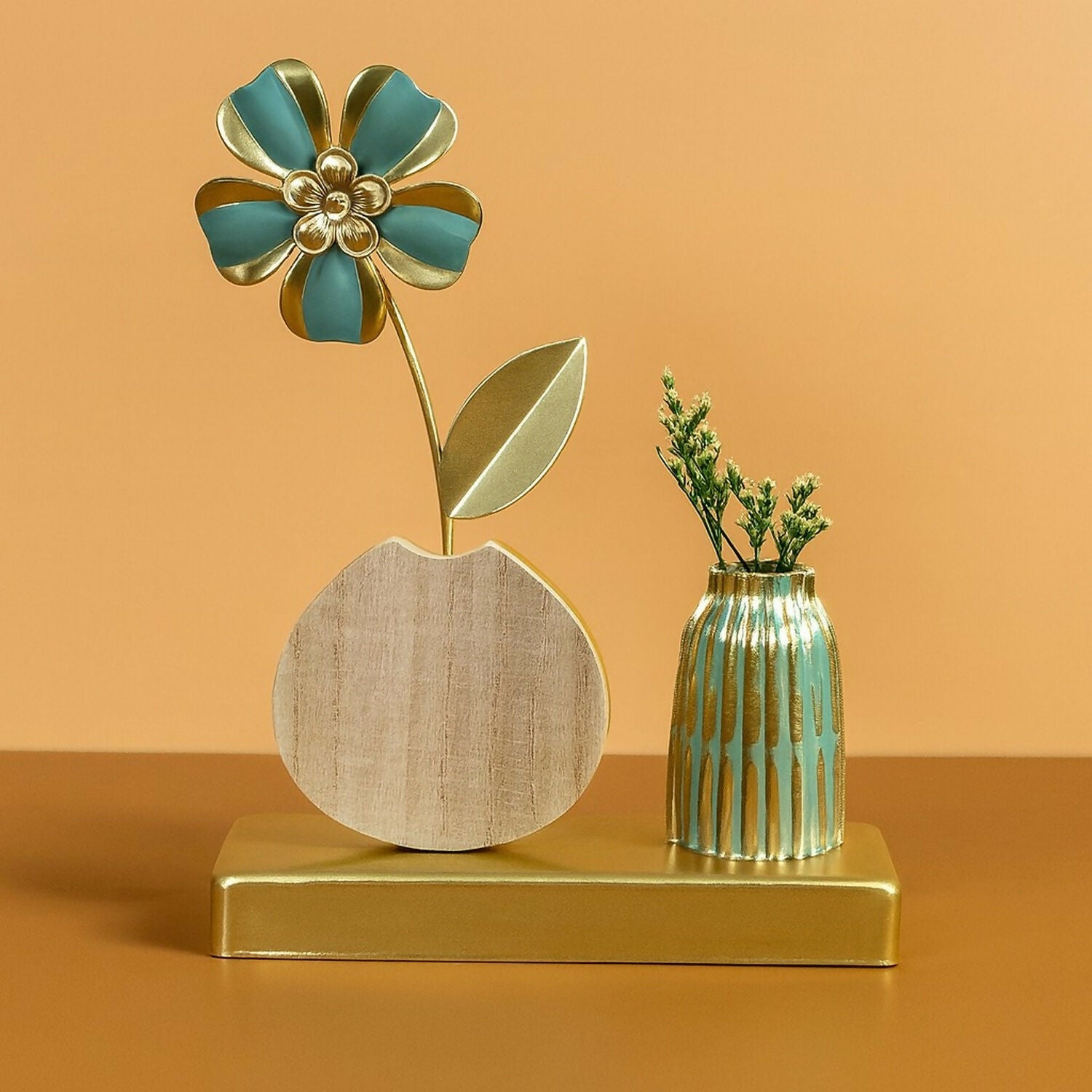 Luxury Golden Metal Flower Showpiece with Wooden Base & Mini Vase | Decorative Artificial Flower Table Accent for Home, Living Room, Office, Bedroom & Gifting