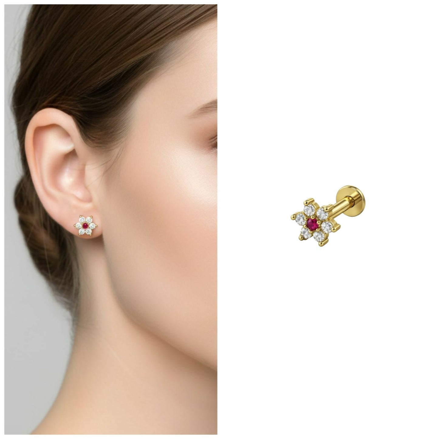 14K gold plated ruby flower piercing stud with diamond petals flat back design