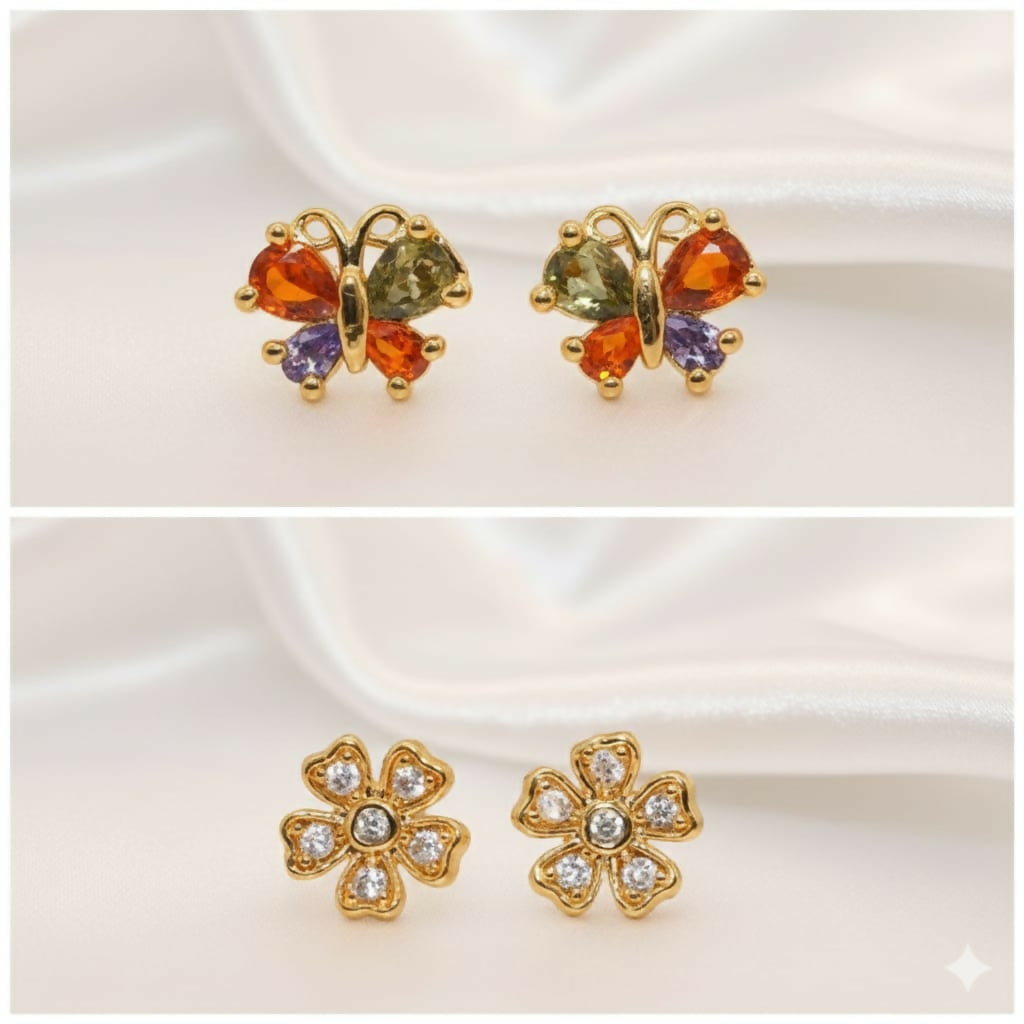 Gold-Plated AD Flower & Colorful Butterfly Stud Earrings Set for women & girls Combo Pack of 2
