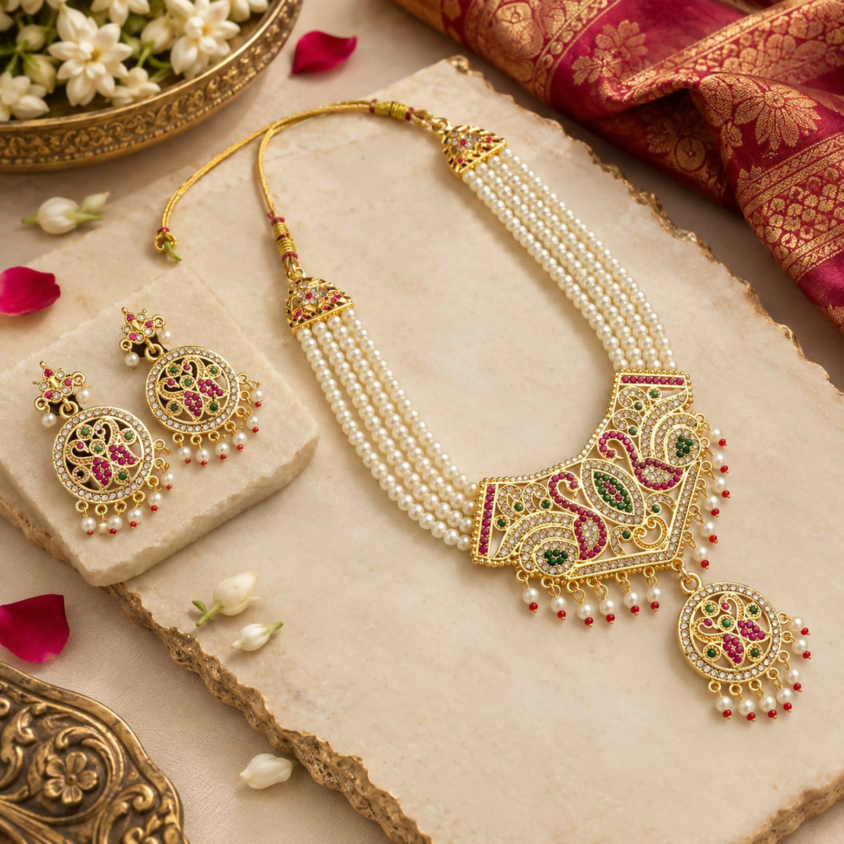 A multi-strand pearl necklace with a gold pendant featuring peacocks and colorful gems, beside matching earrings.