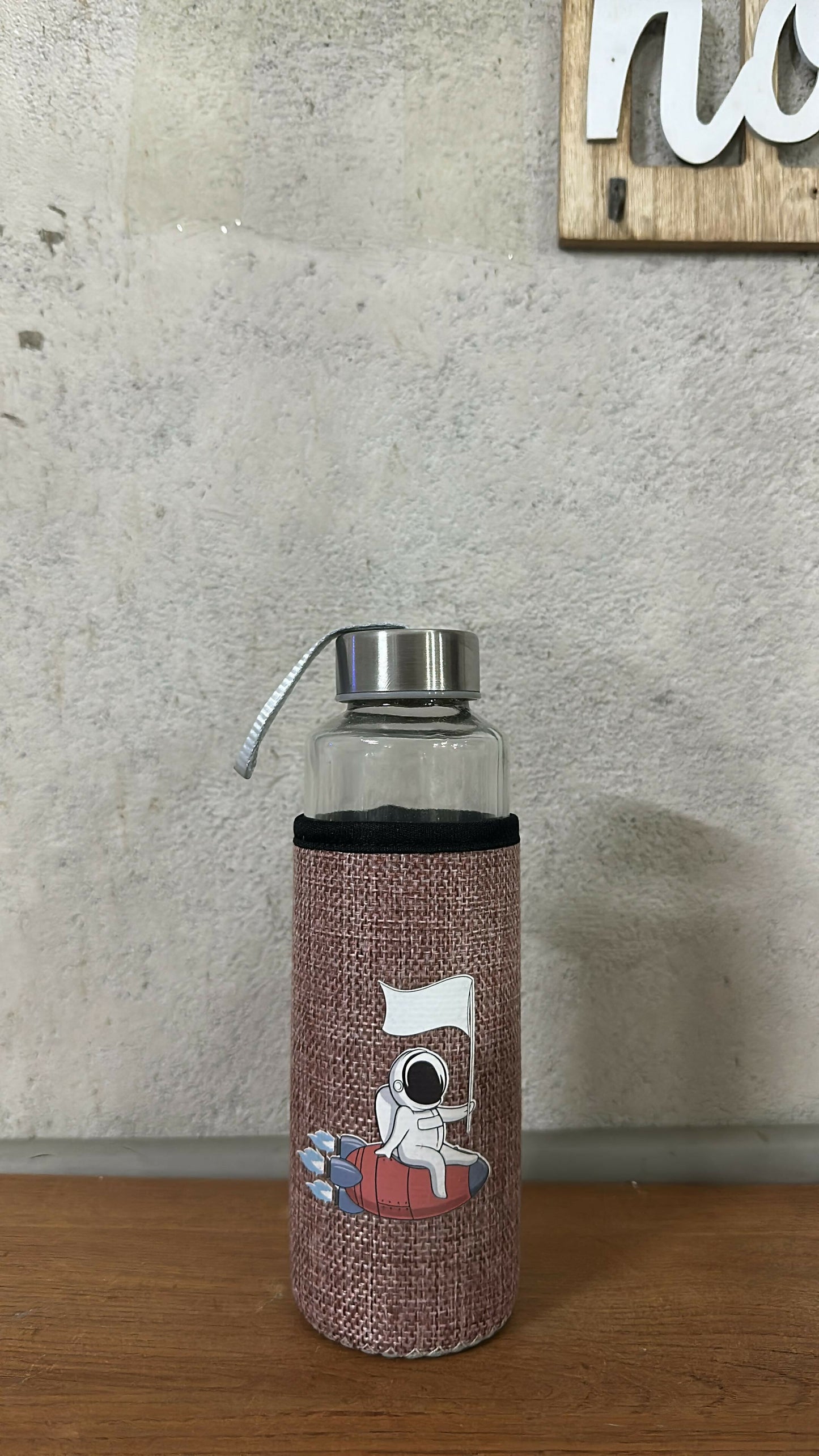 Glass Water Bottle with Fabric Sleeve & Astronaut Print | Reusable Drinking Bottle