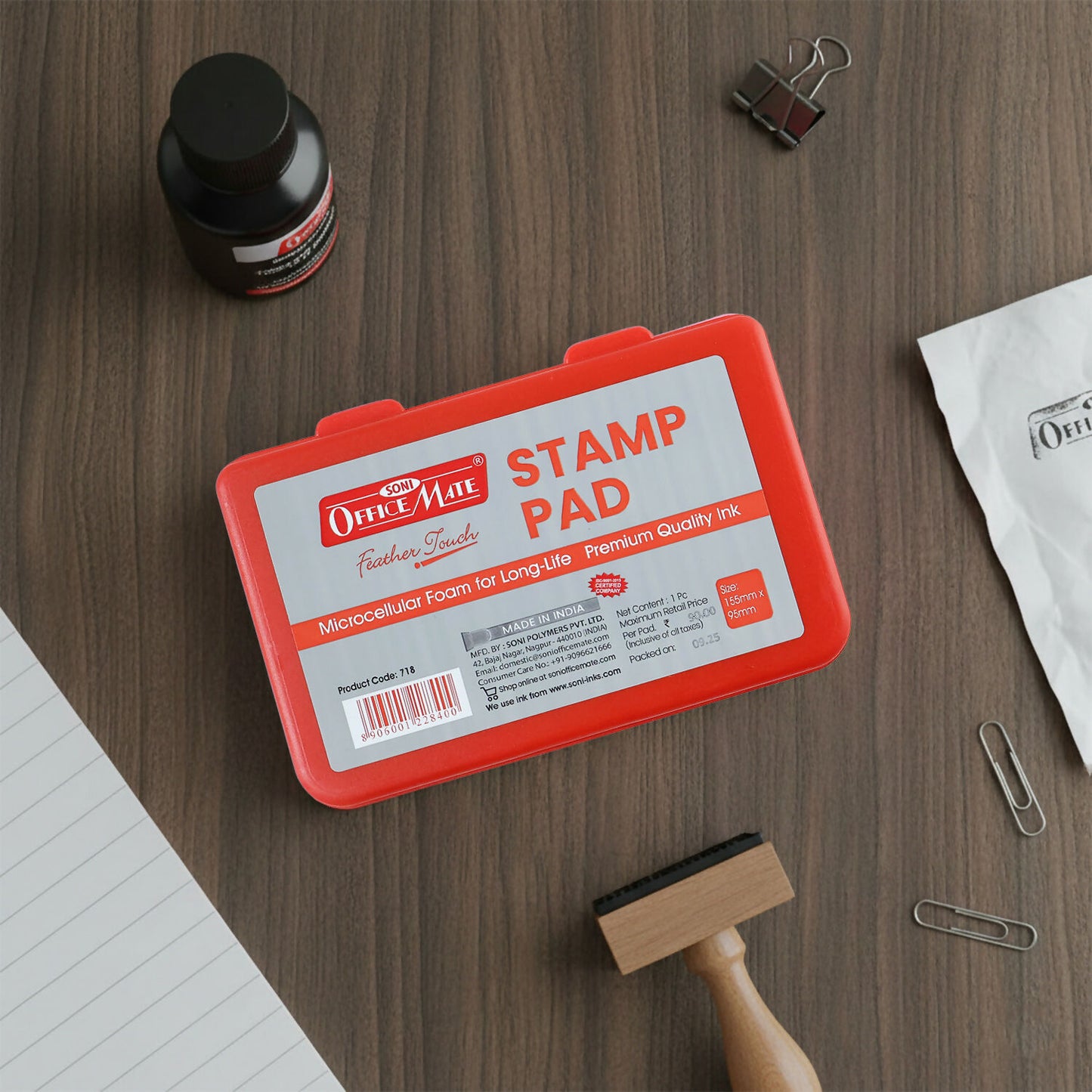 OfficeMate Red Stamp Pad – Microcellular Foam, Premium Fast-Dry Ink (155×95 mm)
