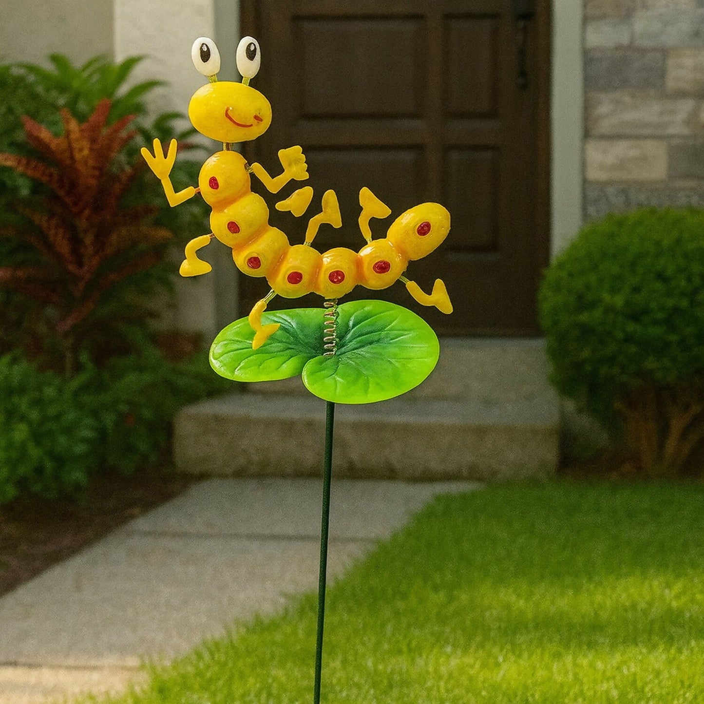 Cute Yellow Caterpillar Garden Stake for Outdoor Décor – Metal Insect Yard Ornament with Leaf Base ( 1PC)