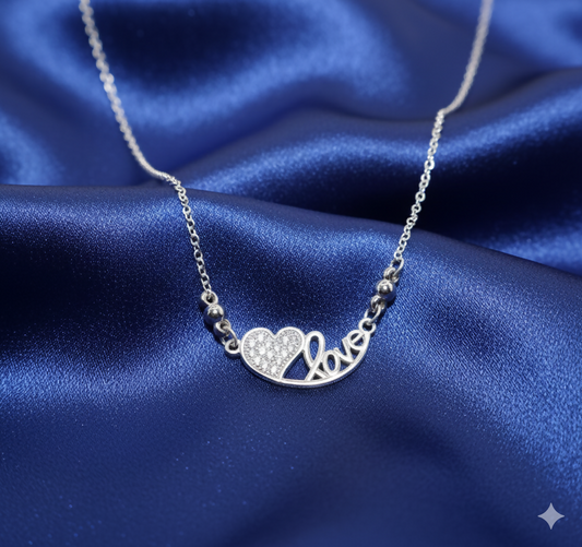 Silver Tone AD Pave Heart & Script 'Love' Pendant Necklace For women and girls