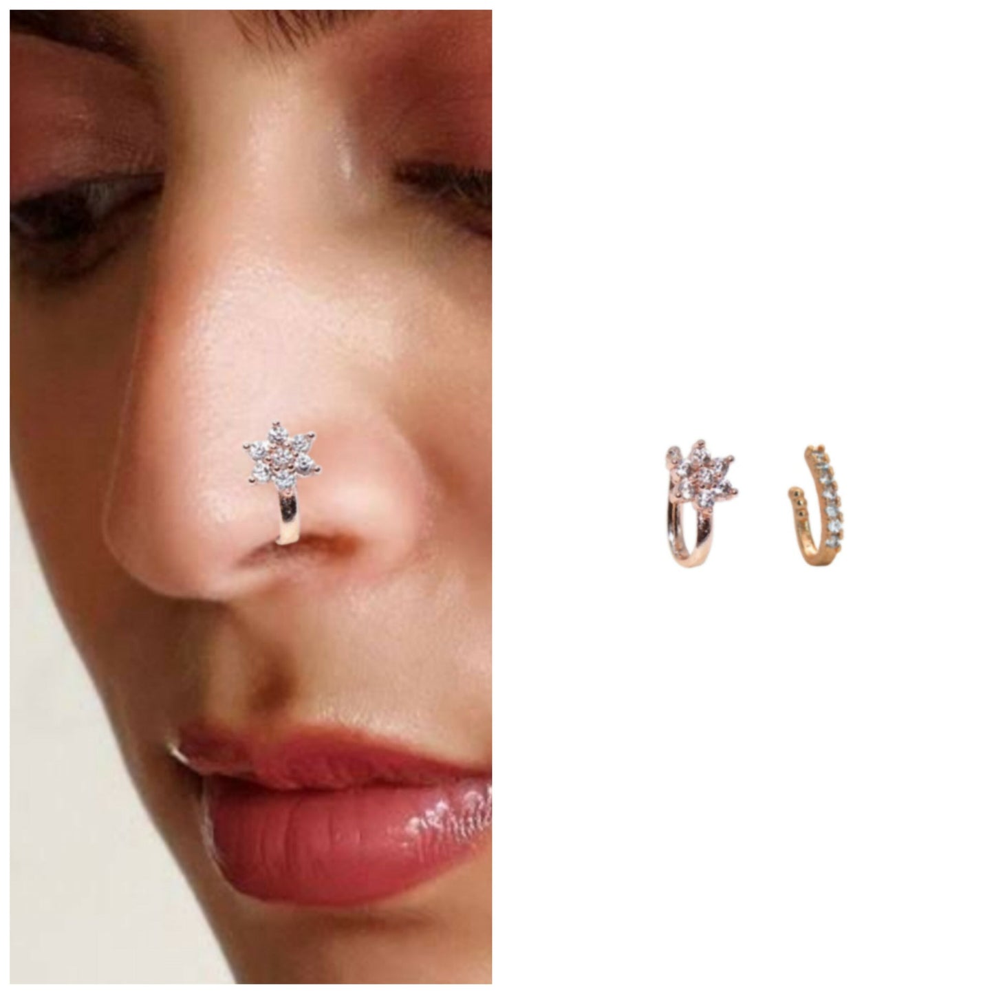 Non-piercing nose ring set showcasing traditional flower nath and modern line cuff styles