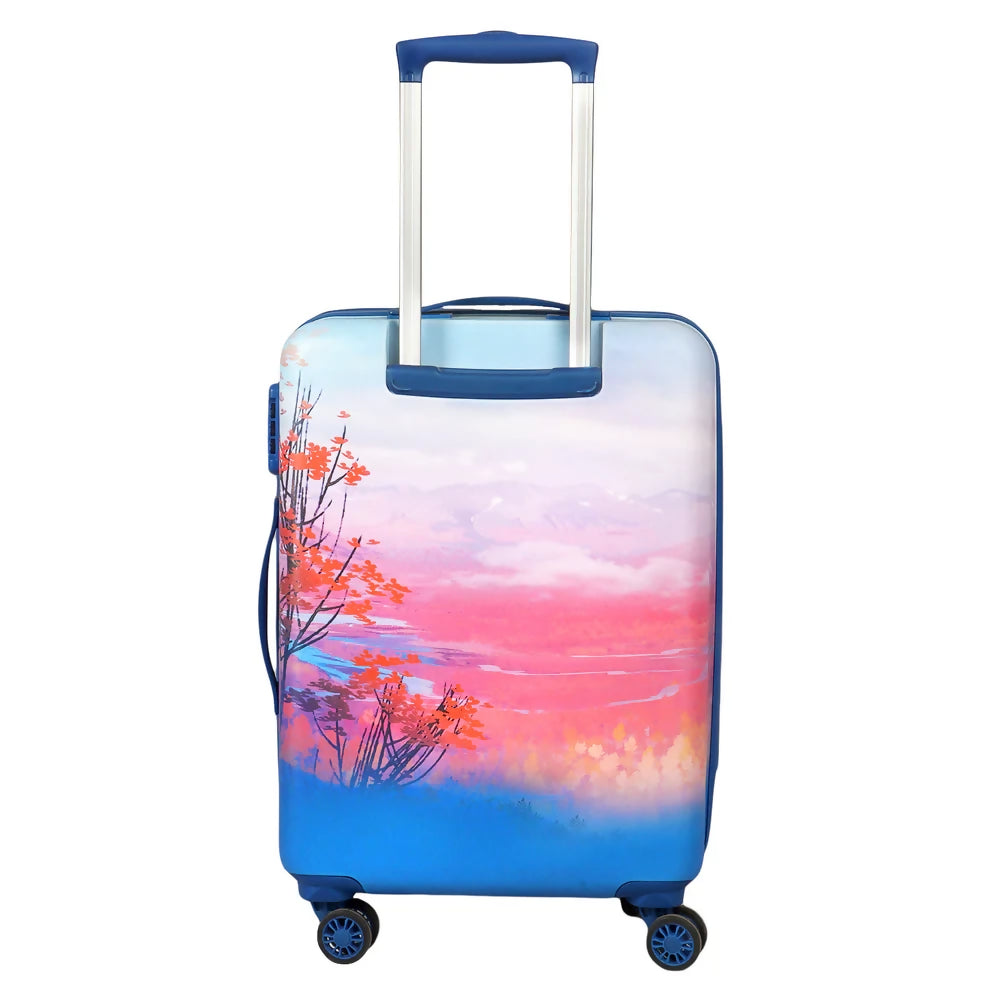 Back view of Disney Frozen sky blue kids trolley luggage with wheels