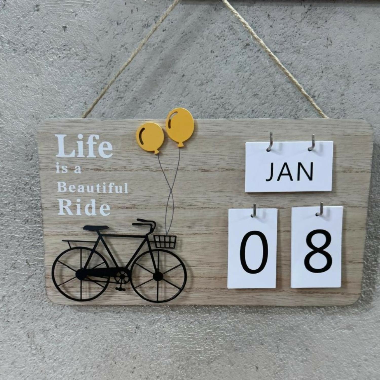 Rustic Wooden Wall Hanging Perpetual Calendar with “Life is a Beautiful Ride” Bicycle Design – Decorative Reusable Date and Month Flip Calendar for Home, Office & Café Wall Décor