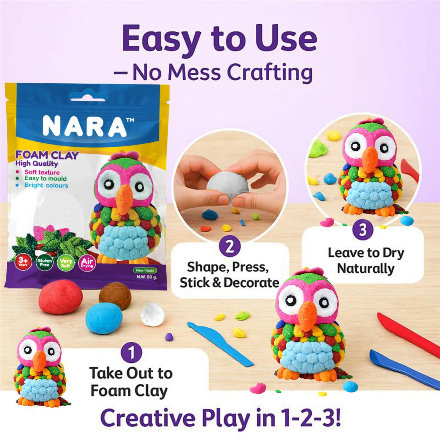 NARA Soft Foam Modelling Clay, Air Dry Non-Toxic DIY Creative Craft Clay for Kids Art (50Gm)