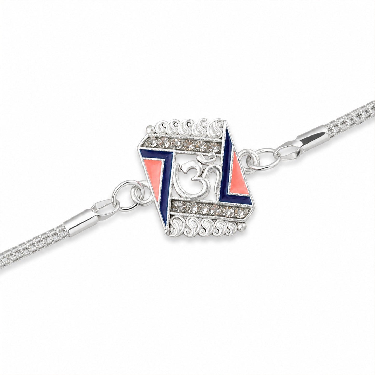 Om Stylish Square Motif Studded Enamel Silver Chain Designer Rakhi