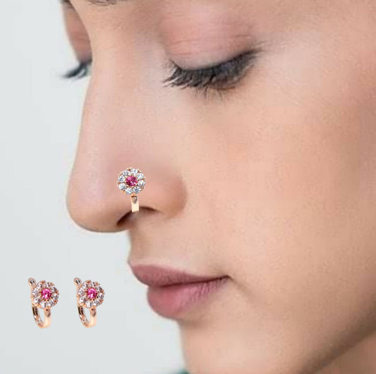 Rose Gold Pink Stone Floral Press-On Nose Ring Combo Pack of 2