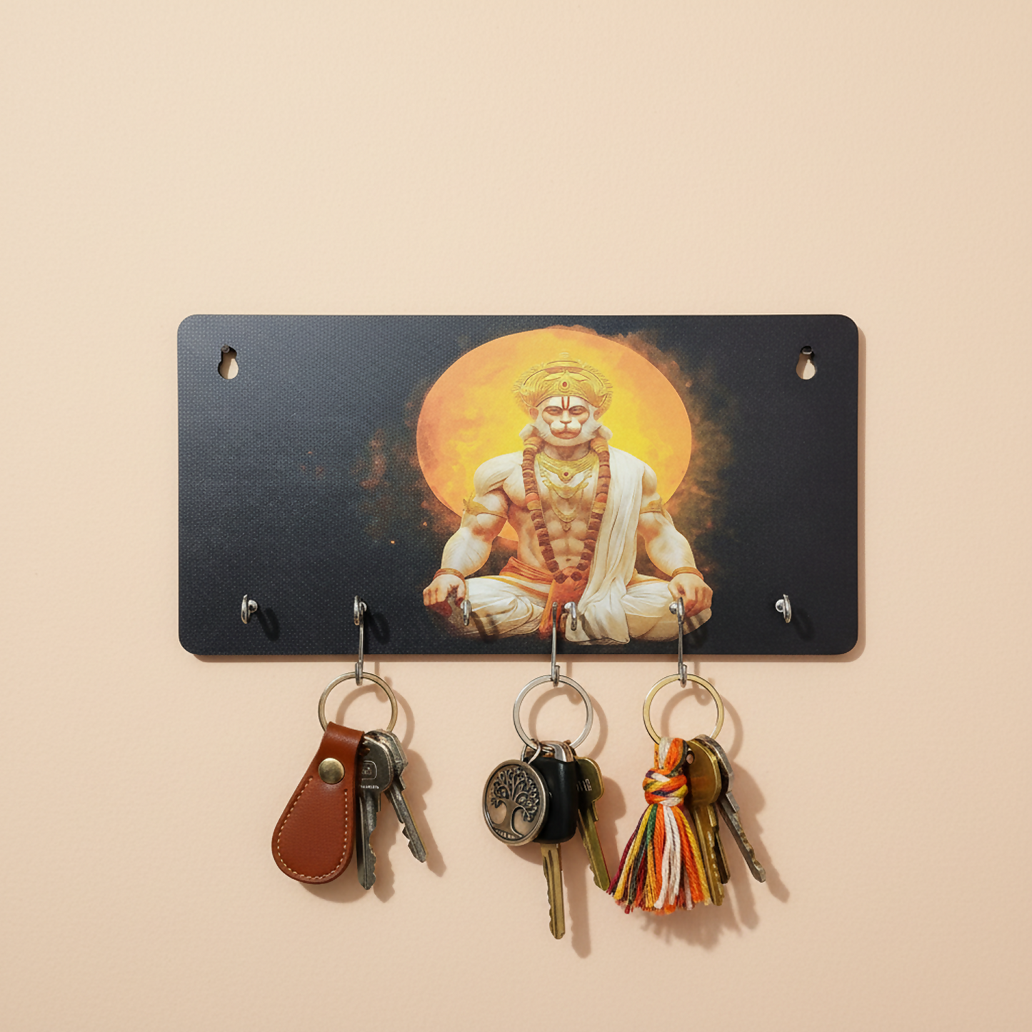 Close view of fade-resistant UV-printed artwork on pine wood key holder