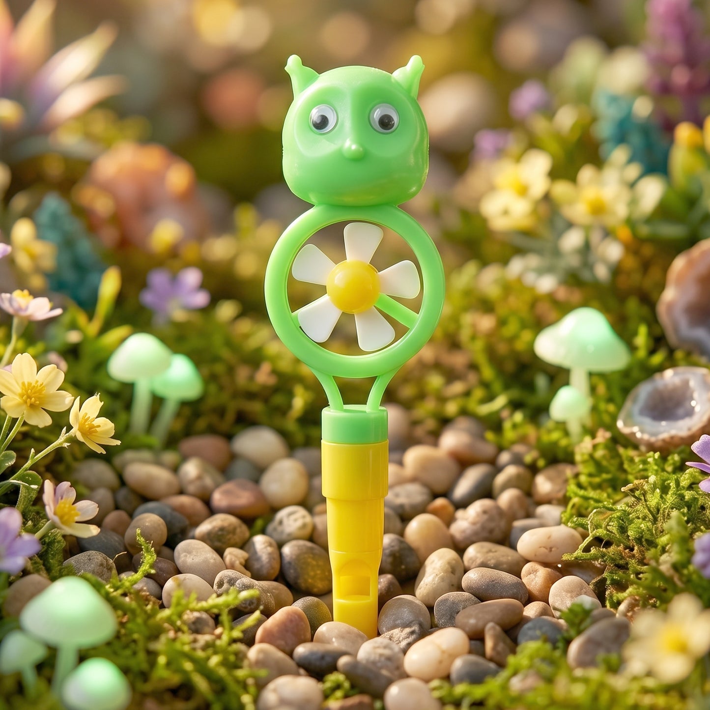 Brightly colored kids toothbrush and whistle toy
