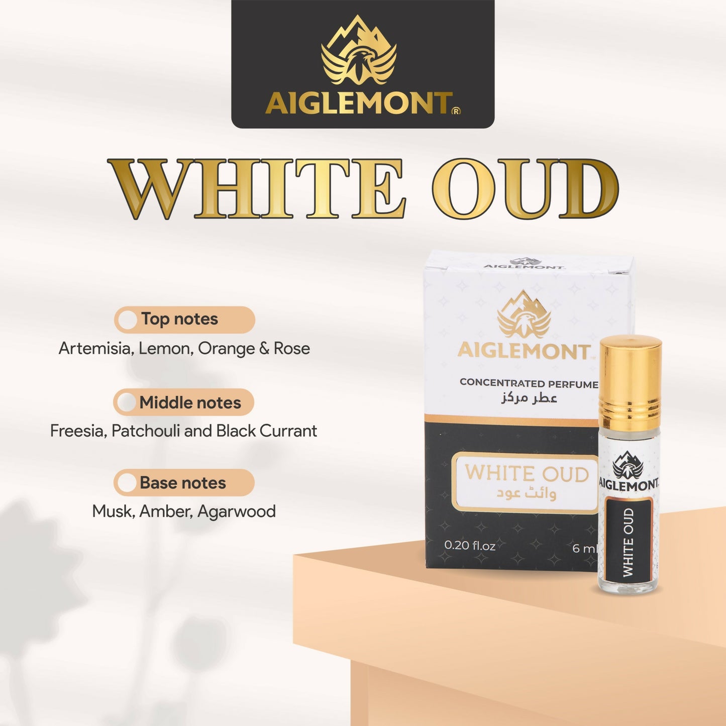Aiglemont White Oud, 6ml Roll-on, Alcohol free, Long Lasting Non-Alcoholic Attar Attar, Ittar, Itr, Atar, Athar, Itra