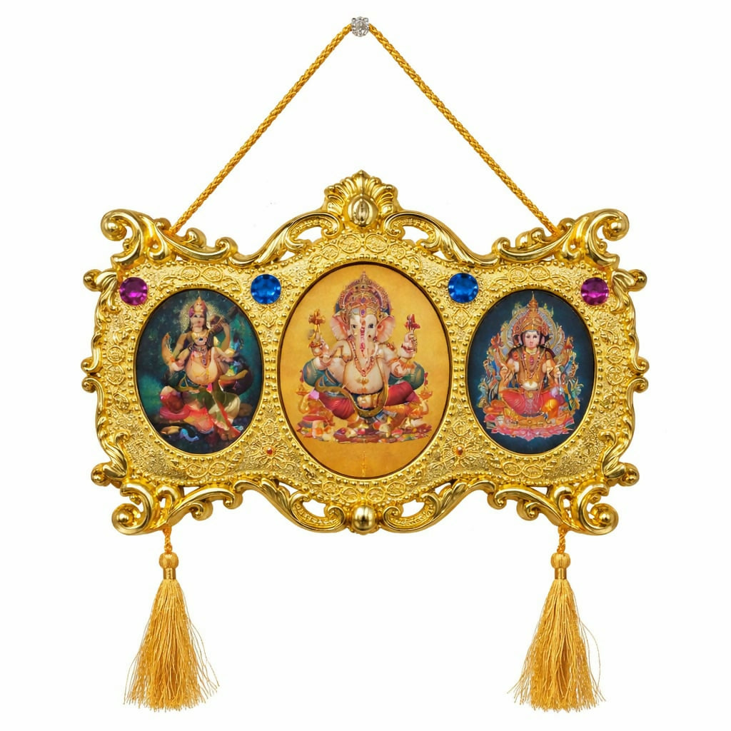 Golden Triple God Wall Hanging with Ganesha Lakshmi Saraswati (Triple Oval Design)