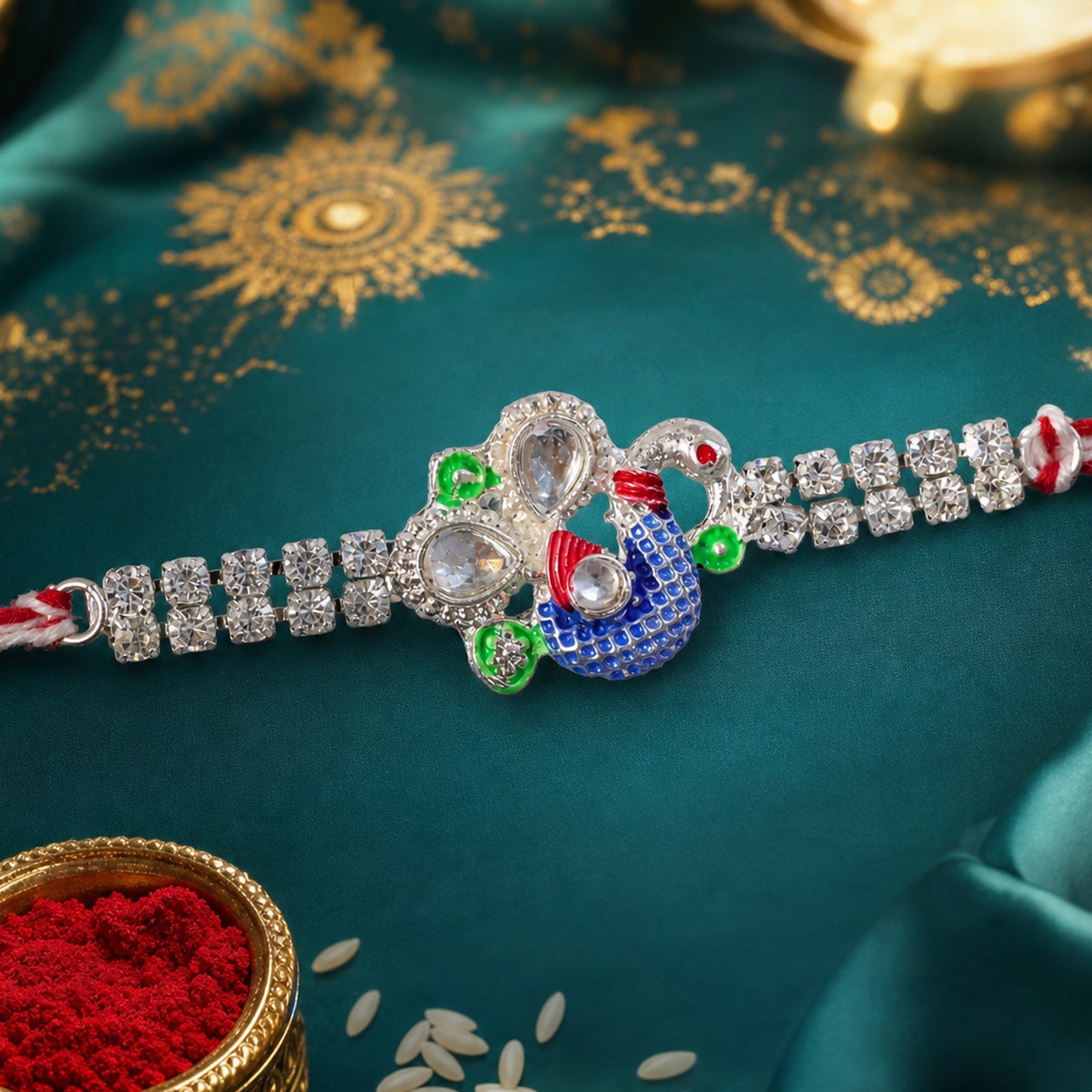 Premium Rakhi with Leaf Floral Charm, crystal accents and display look for Gift Use
