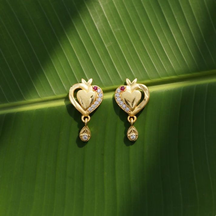 Heart Shaped Gold Finish Earrings With Crystal Border And Delicate Hanging Drop