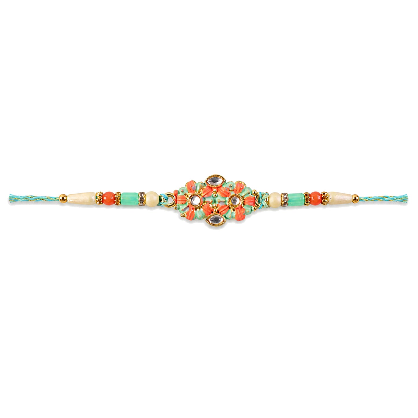 Marigold Style Floral Kundan Pendant Rakhi with Teal Beads