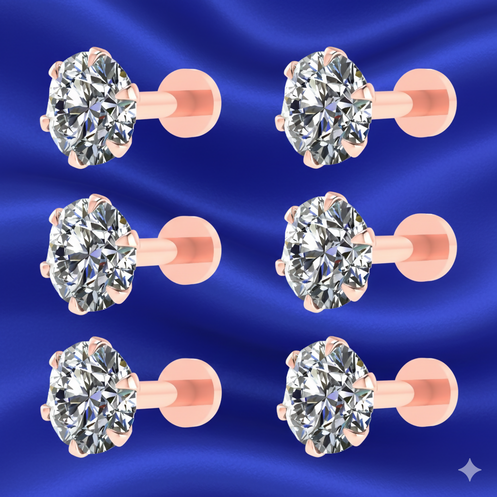 Close-up of rose gold plated round AD stud earring with secure flat back screw design