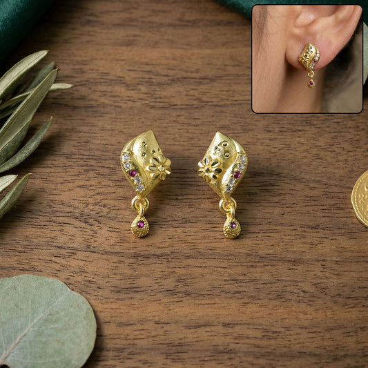 Designer Flower Style Gold Plated Stud Drop Earrings for Women