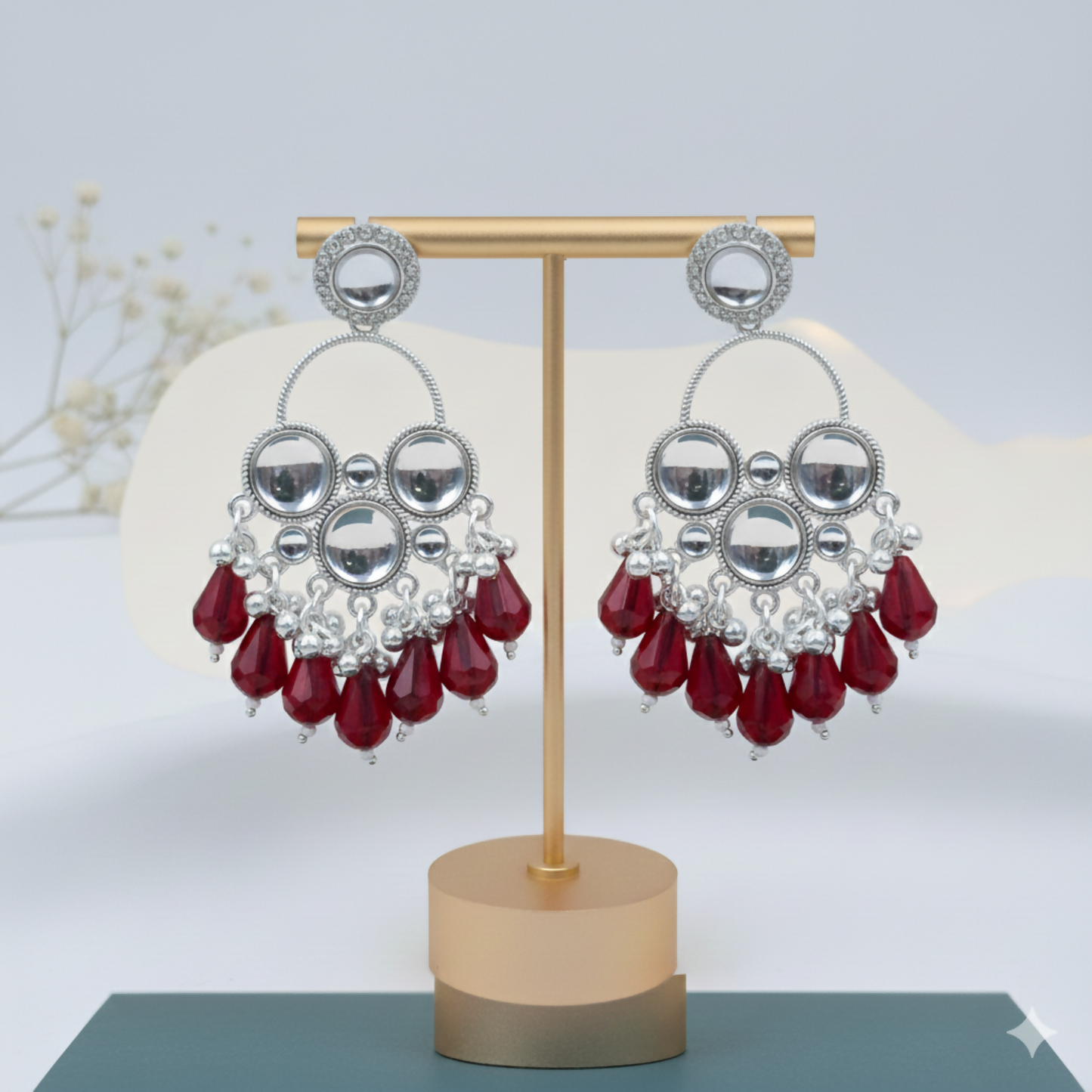 Kundan Maroon Pearl Silver Plated Chandbali Earrings Agate Alloy Chandbali Earring