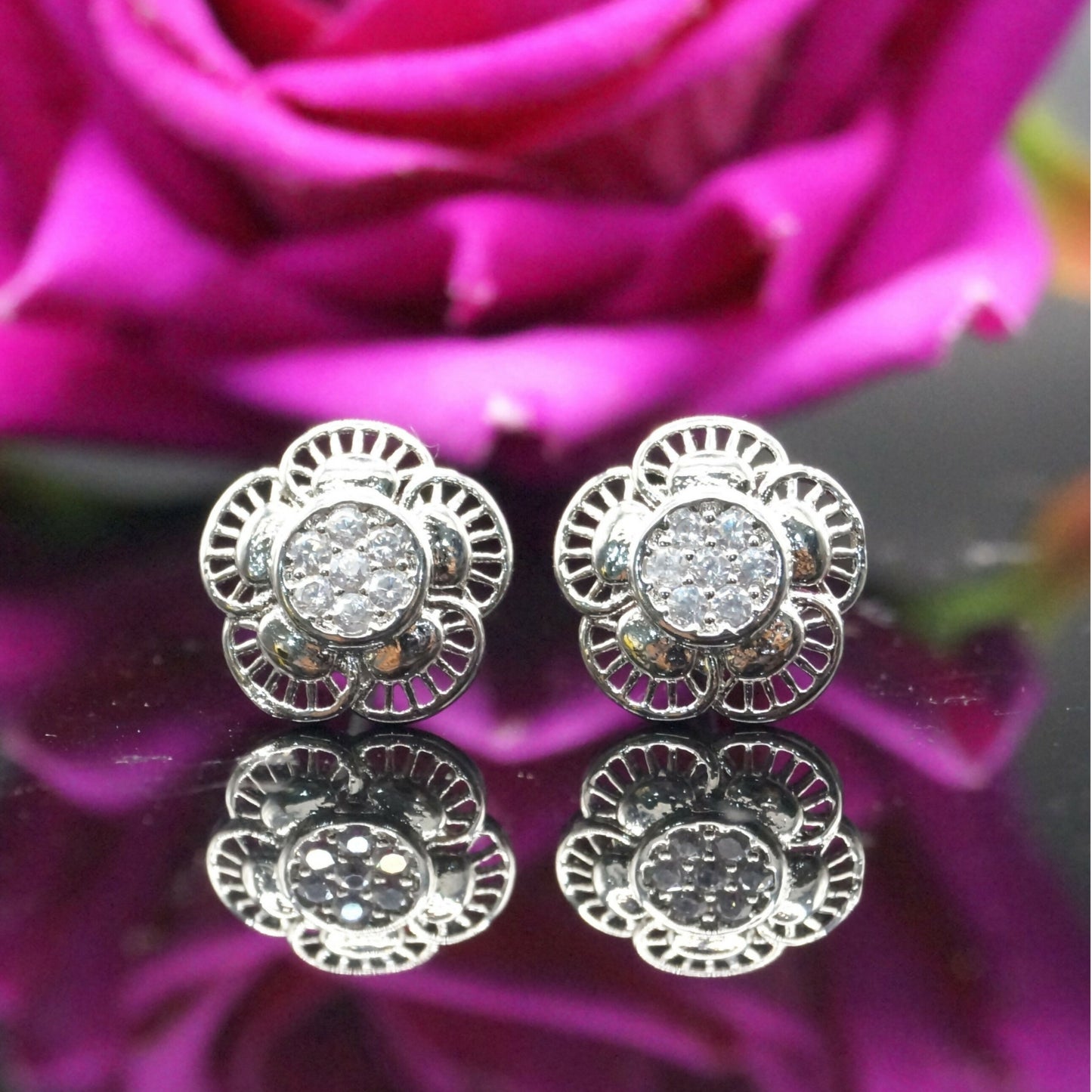 Silver-Plated AD Flower Stud Earrings for women and girls