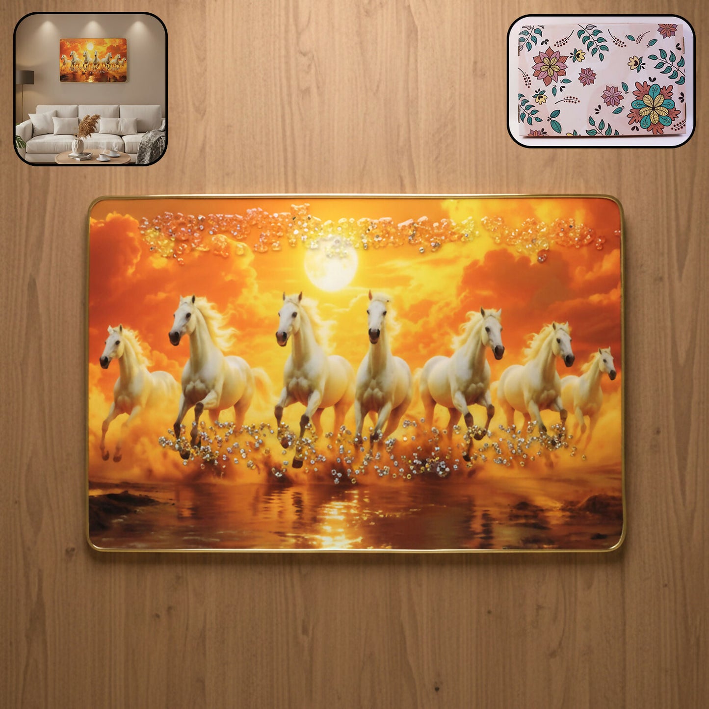 Seven White Running Horses Sunset Wall Art Frame