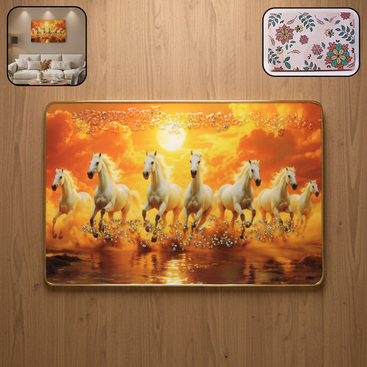 Seven White Running Horses Sunset Wall Art Frame