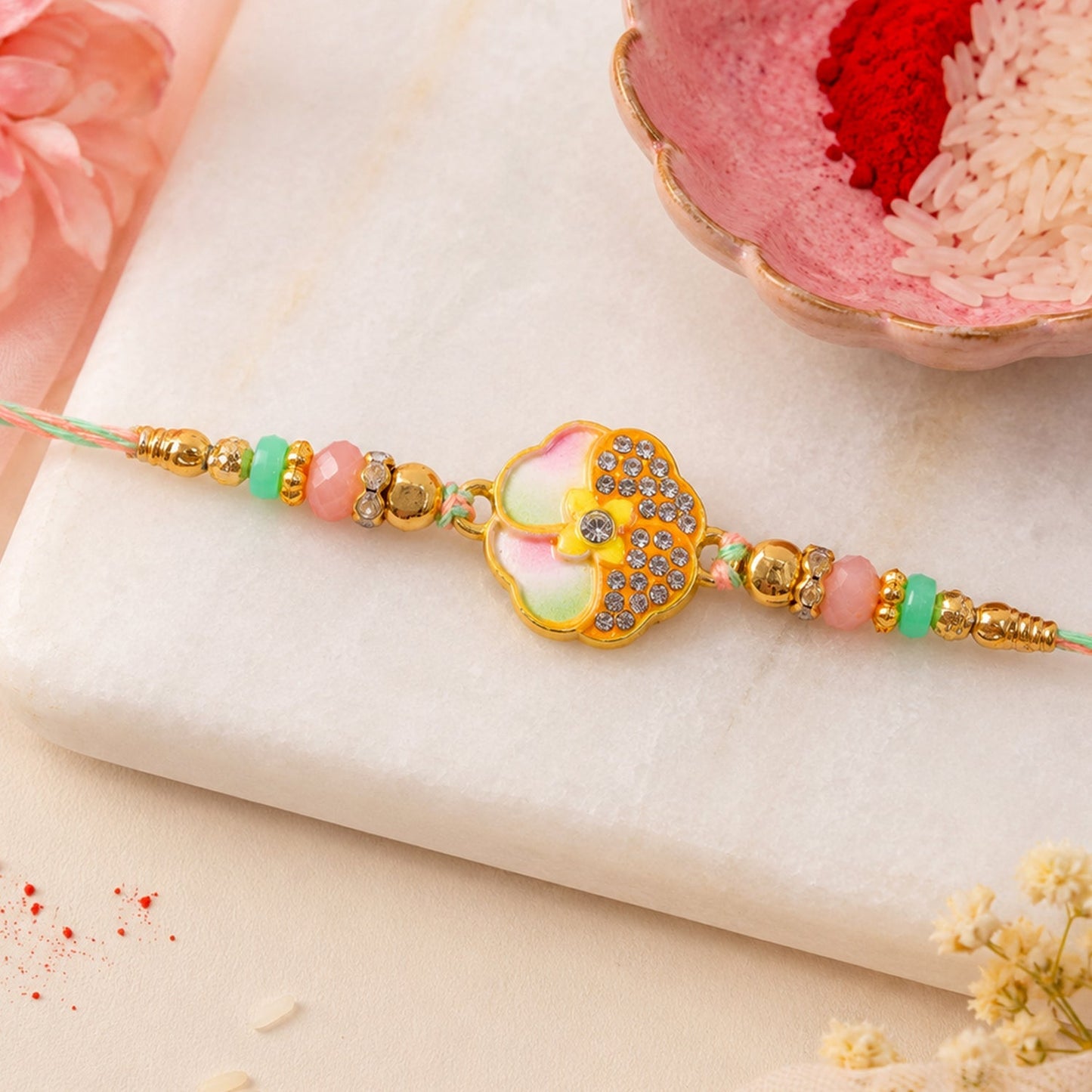 Rakhi for Brother Golden Floral Meenakari with Crystal Beads (10pcs)