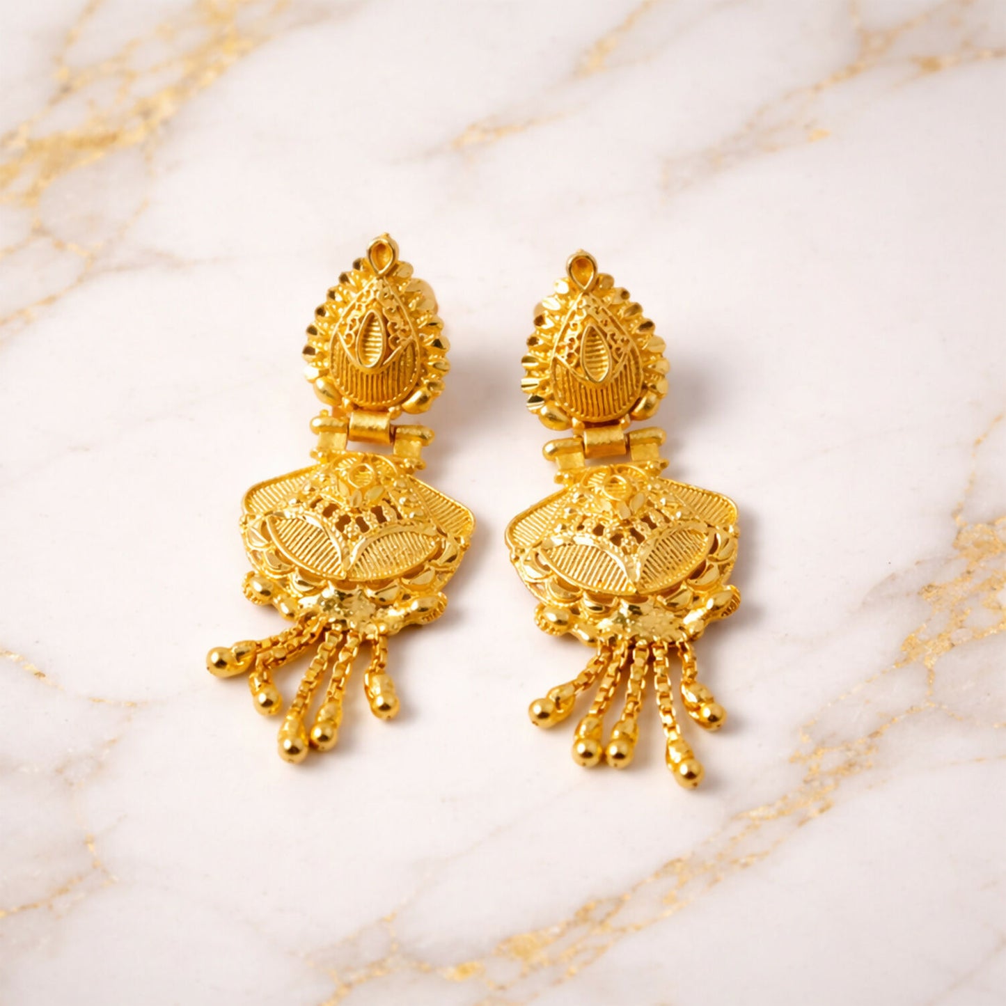 Luxurious Festive Wear Gold Dangle Earrings with Intricate Carved Design and Hanging Gold Beads