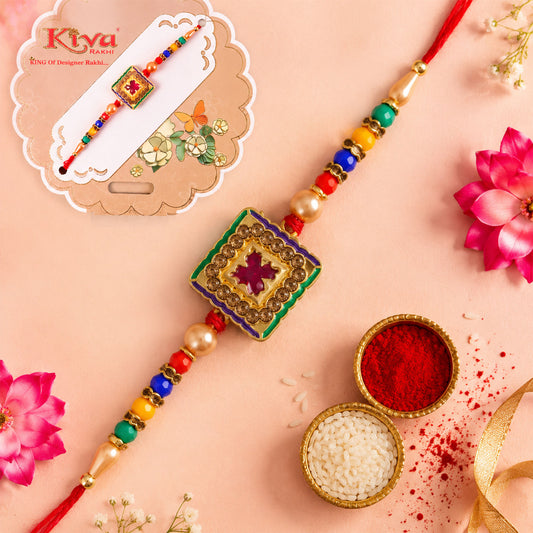 Antique Meenakari Floral Designer Rakhi for Brother, Multicolour Beads