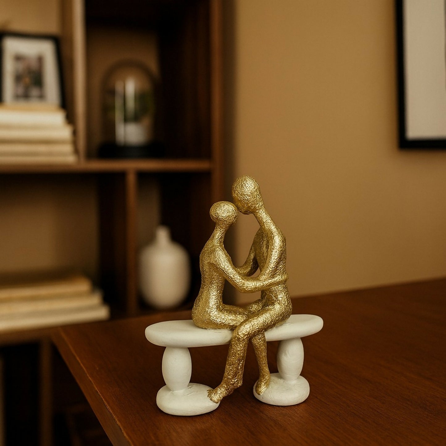 Golden Couple Sitting on Bench Showpiece for Home Decor & Romantic Gifting