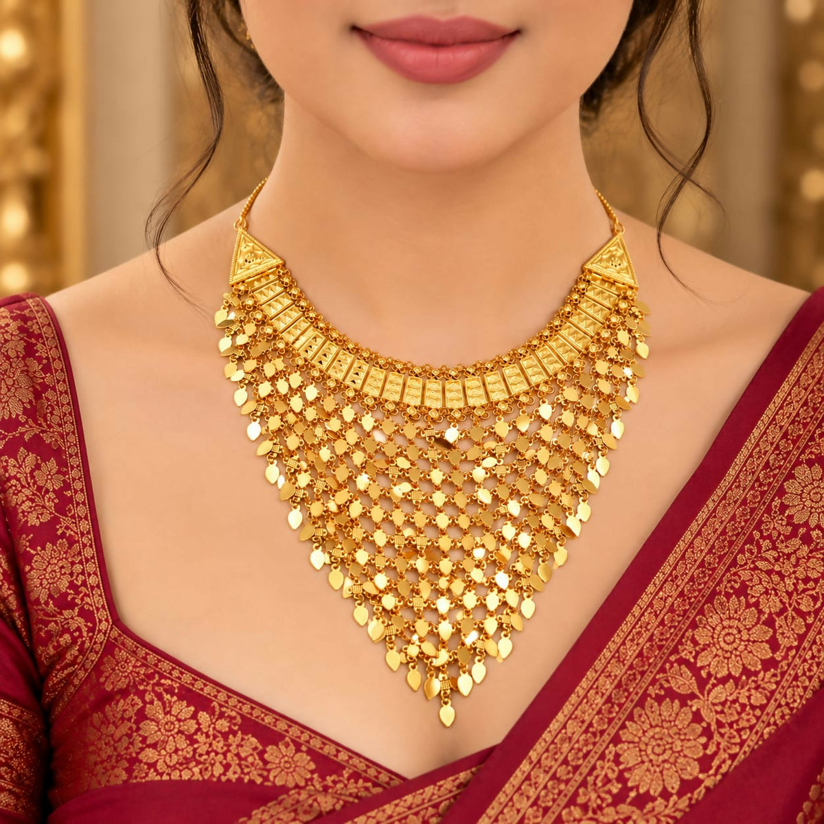 A woman models a striking gold bib necklace featuring a wide band and cascading leaf-like elements, paired with a red sari.